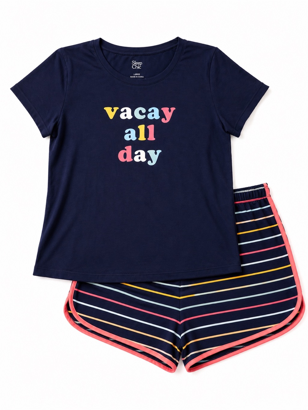 Sleep Chic Women’s Pajama Set Large Vacay All Day Tee & Striped Lounge Shorts